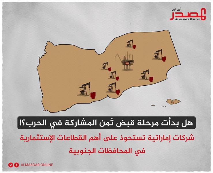 تقرير خطير يكشف عن استحواذ شركات إماراتية على أهم القطاعات الاستثمارية في المحافظات الجنوبية