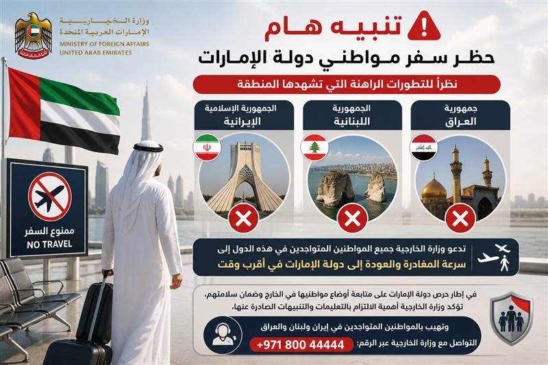الإمارات تحظر سفر مواطنيها إلى إيران ولبنان والعراق وتدعو الموجودين للمغادرة فوراً