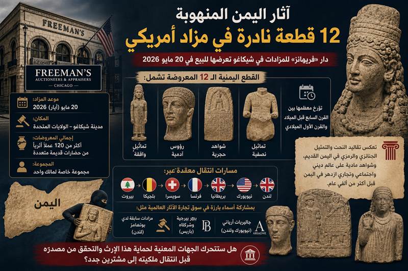 تاريخ اليمن يباع في المزاد ...قطع أثرية يمنية نادرة تظهر في مزاد أمريكي جديد وسط مطالبات بوقف بيعها (صورة)