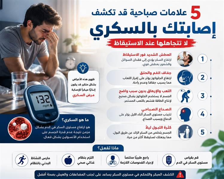 5 علامات صباحية قد تكشف إصابتك بالسكري.. لا تتجاهلها عند الاستيقاظ