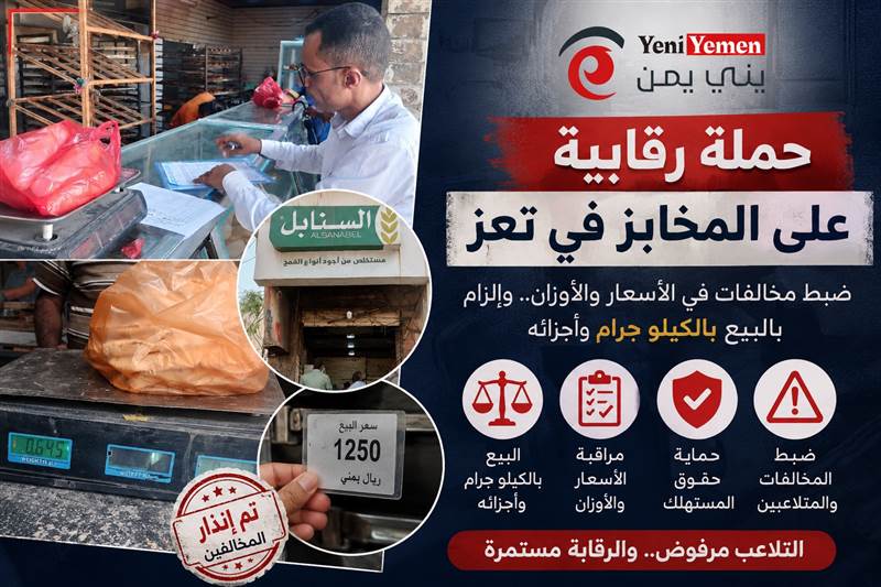 حملة رقابية في تعز تكشف مخالفات بالأوزان والأسعار داخل المخابز والأفران