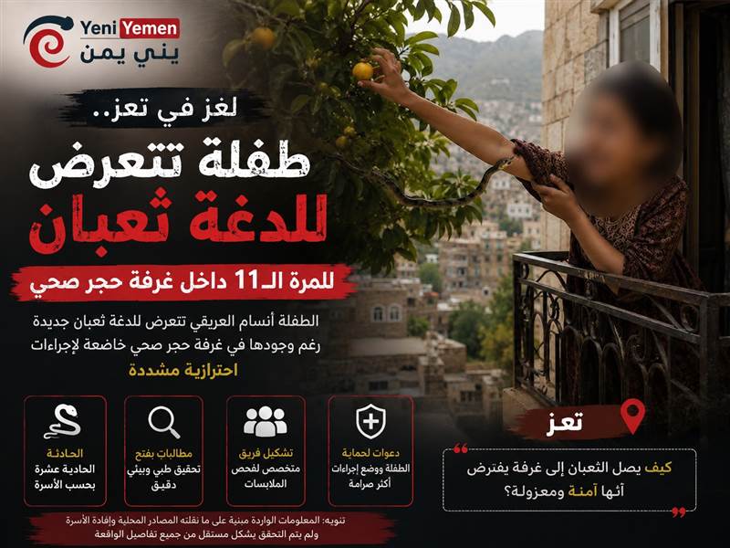 لغز في تعز.. طفلة تتعرض للدغة ثعبان للمرة الـ11 داخل غرفة حجر صحي